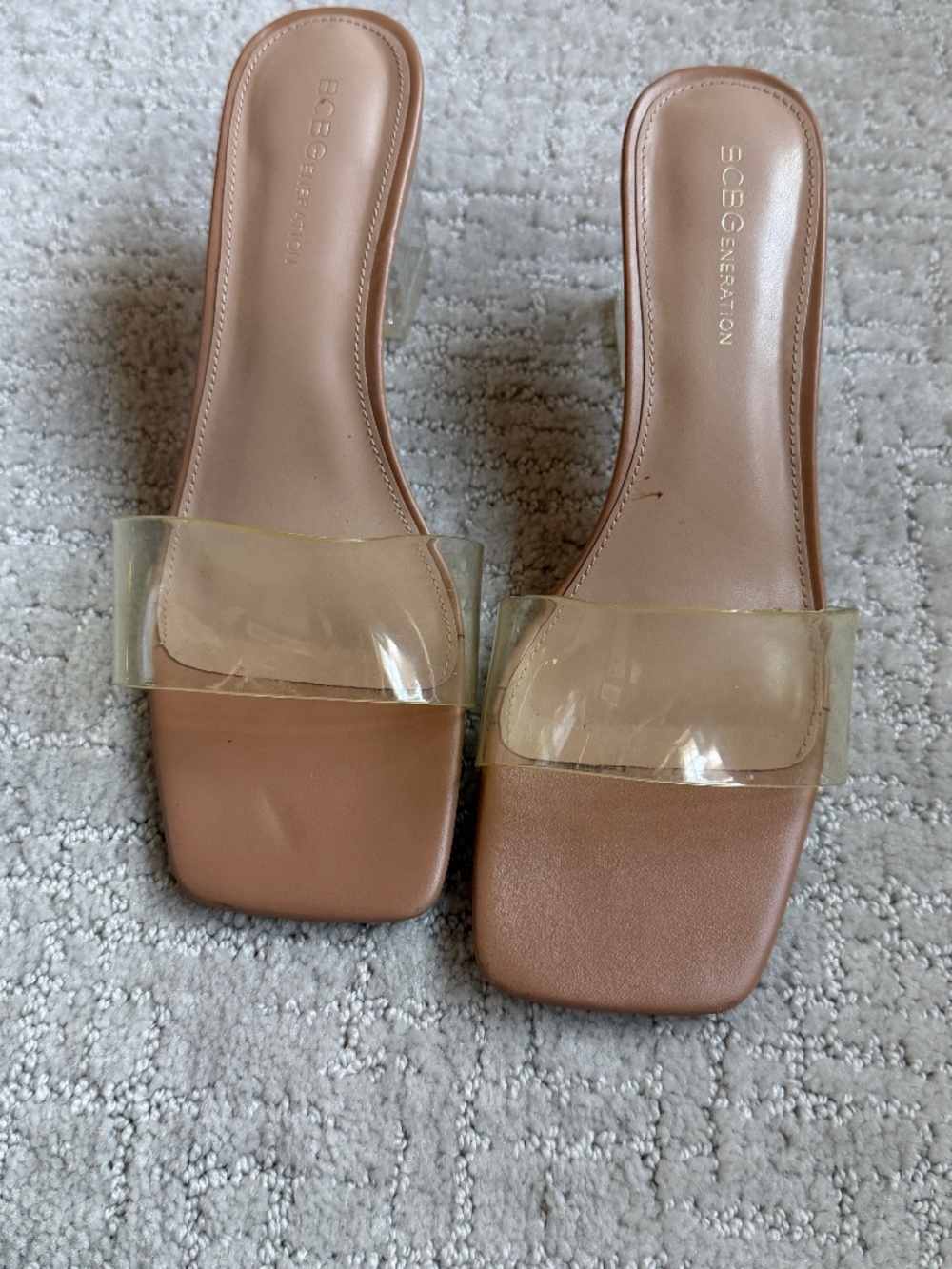 BCBGeneration Luckee slip-on transparent block heel sandals in a nude, Size 9